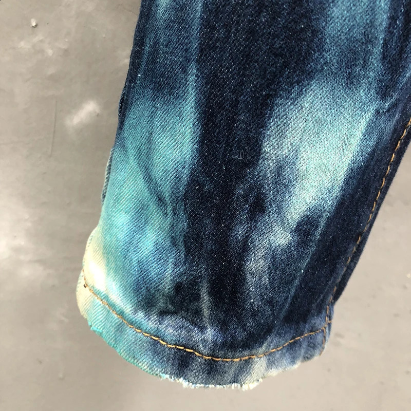 Skinny Broken Hole Painted Biker Jean Fashion Street Slim Fit Denim Motorcycle Pants Mens Jeans Men Punk Straight Jean 240821