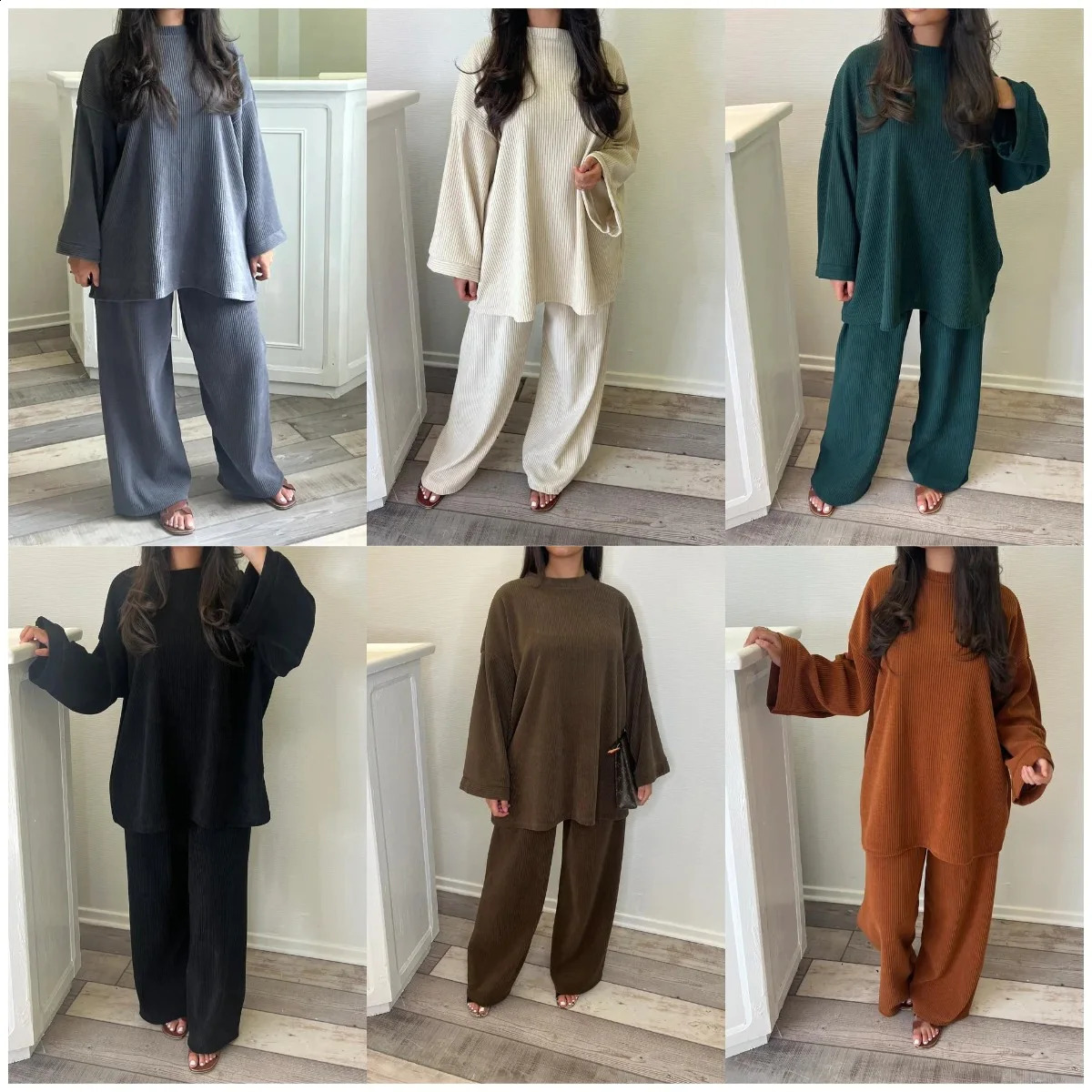 Autumn Winter Solid Color Corduroy Pants Sets Women Loose Long Sleeve Wide Legs Trousers Two Piece Set Female Commuting Clothing 240820