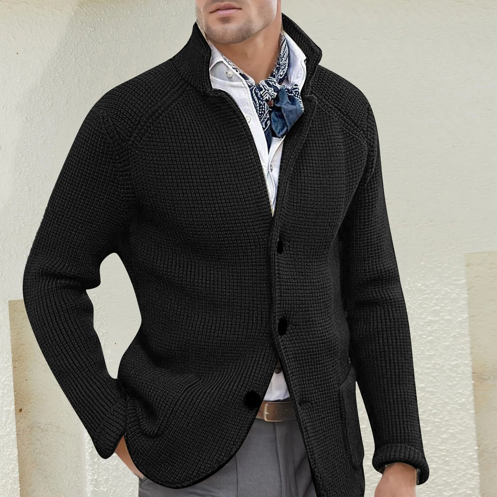 Mens single chest cardigan autumn winter knitted sweater jacket long sleeved stand up collar slim fit top 240821