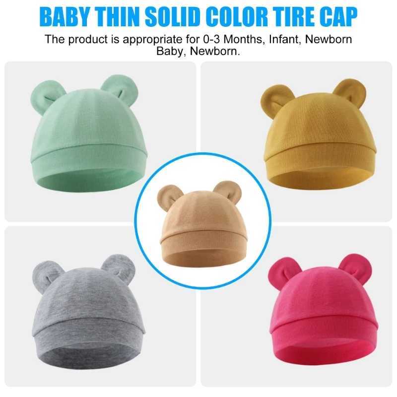 Solid Color Thin Baby Nursery Beanie Cartoon Bear Ear Cotton Newborn Fetal Bonnet For 0-3 Months Baby Hat Baby Accessories M240821