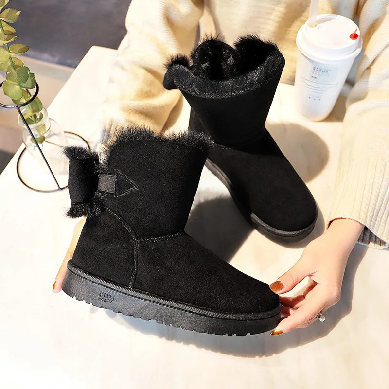 Ladies Snow Boots Elegant with Low Female Shoes Heels Suede Half High Mid Calf Round Toe Pink Anti Slip Trend Furry Gyaru 240820