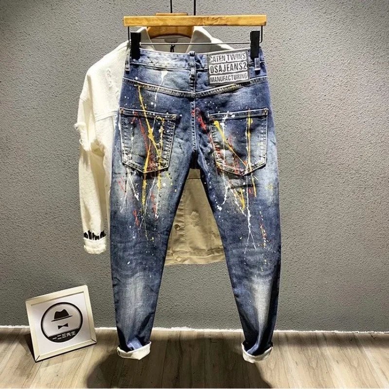 Trousers Star Man Cowboy Pants Cropped Elastic Mens Jeans Stretch Light Blue with Print Clothes Y2k 2000s Spring Autumn Washed 240821