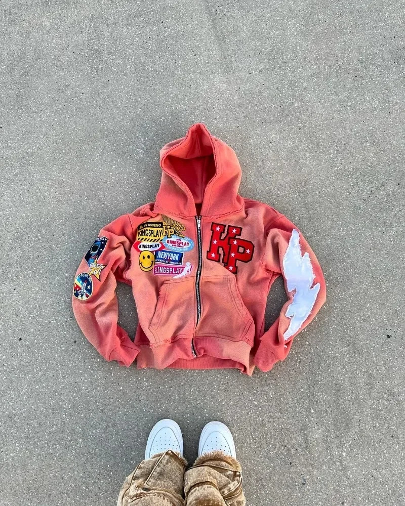Fashionable Y2k Harajuku Retro Jacket Letter Embroidered Zipper Sweatshirt Vintage Men Fashion Versatile Oversized Hoodie 240821