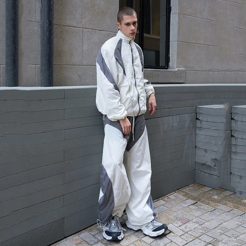 FEWQ patch workwear sportswear fashion jacket pants contrasting color long sleeved zipper mens summer casual 24E1155 240827