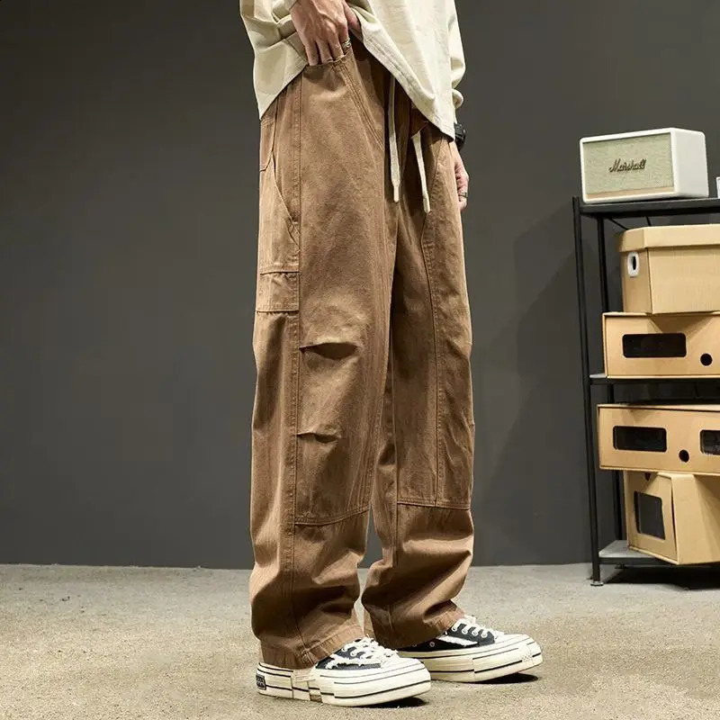 Spring and autumn pure color fashion cotton straight pants mens street casual loose pocket patch work drawer set 240821