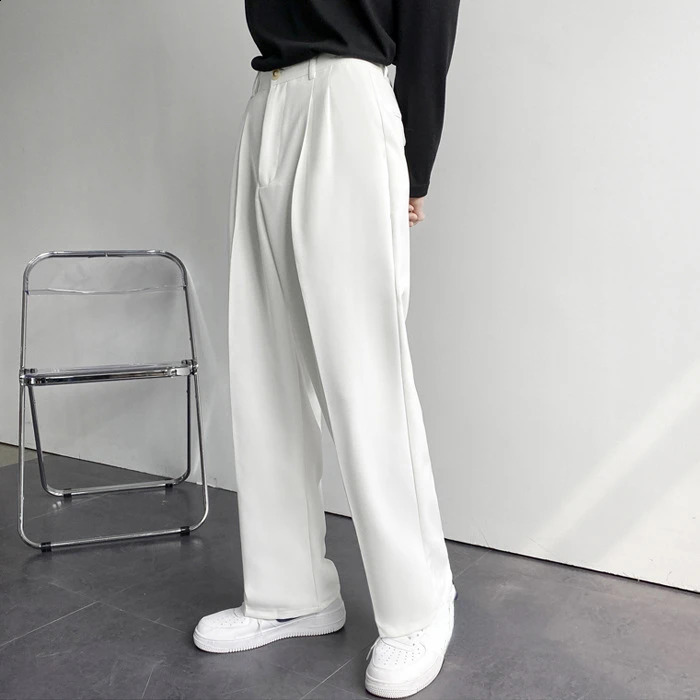 Japanese and Korean Men Thin Pendant Casual Dress Pants Men Ins Nine Points Loose Straight Leg Casual Wide Leg White Suit Pants 240820