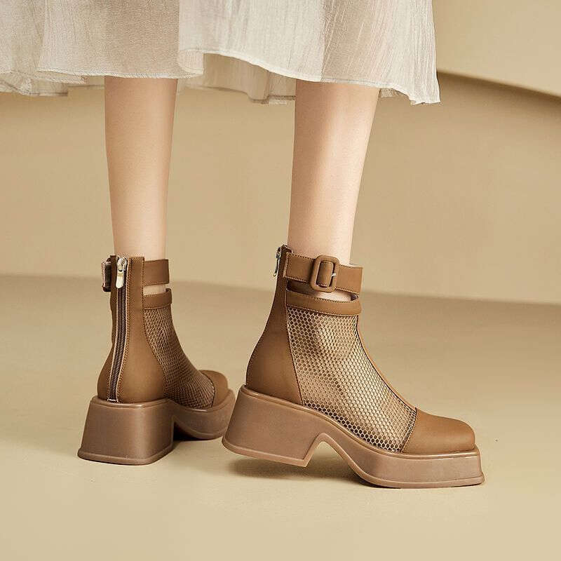 Booties Mesh Short Shoes For Woman Chunky Platform Footwear Black Sandals Women's Ankle Boots Comfortable And Elegant Autumn Pu