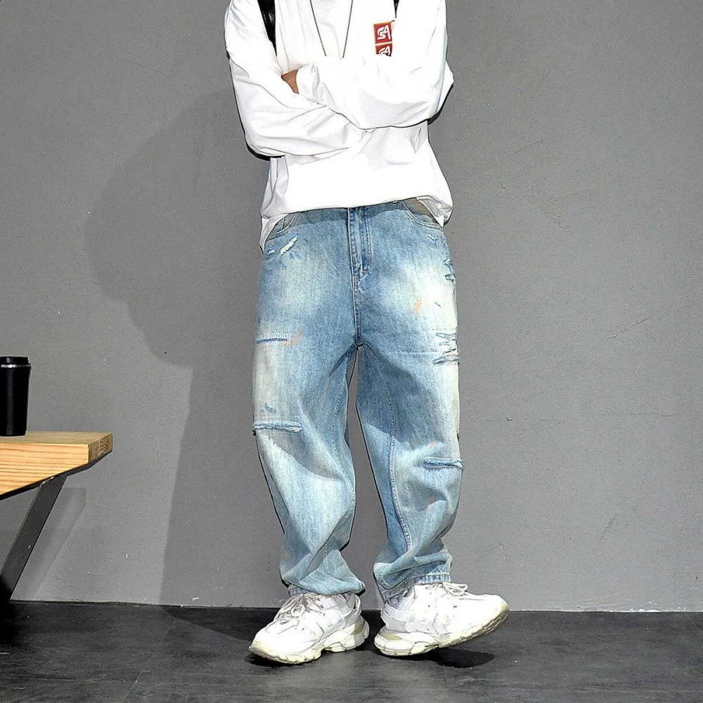 American Streetwear Distressed Ripped Jeans For Men Korean Fashion Baggy Denim Cargo Pants Hip Hop Skateboard Trousers Male 240821