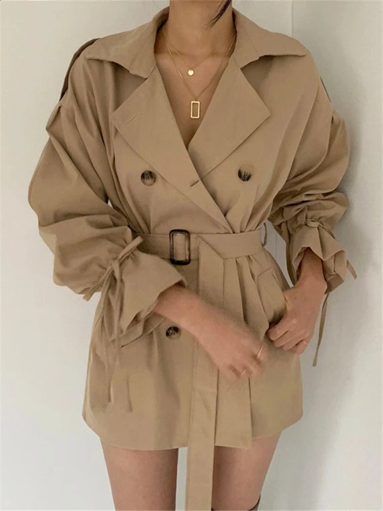 REALEFT 2023 Autumn Winter Khaki Minimalist Womens Trench Coat Sashes Windbreaker Loose Flare Sleeve Double Breasted 240820