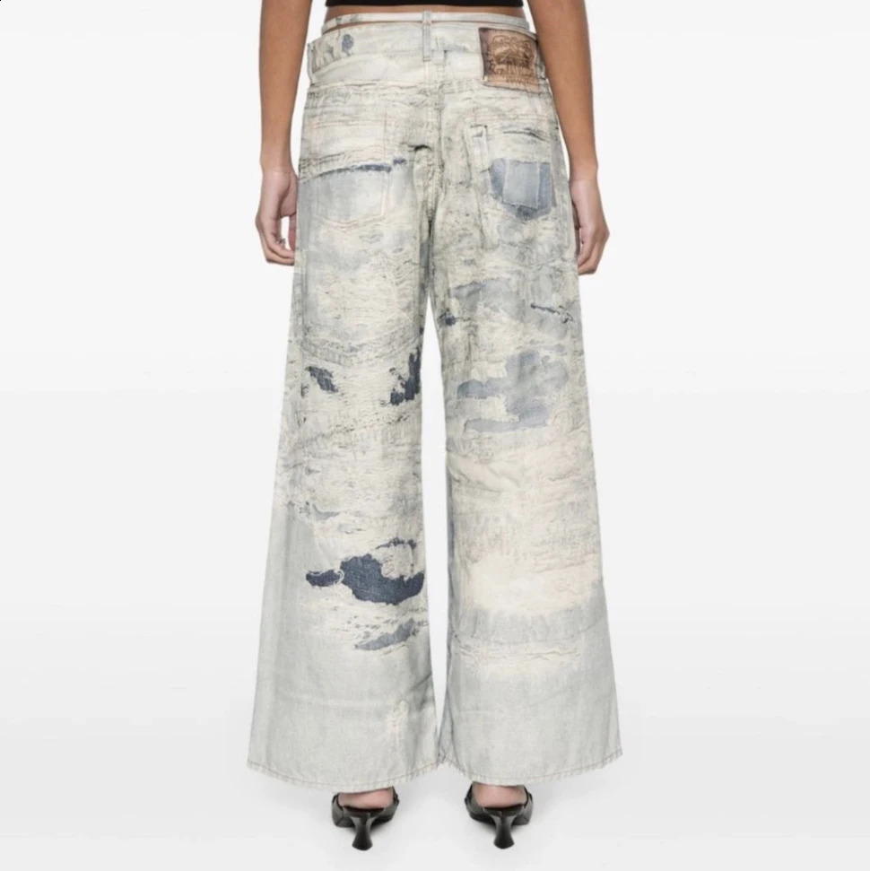 High Street Tie Dye 3D Print Frayed Wide Leg Baggy Blue Jeans for Men and Women Wide Leg Casual Loose Denim Trousers Oversized 240821