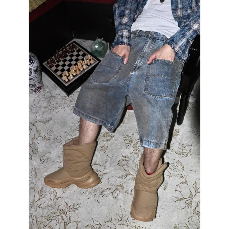 American Rust Washed Pocket Workwear Casual Denim Shorts Men High Street Retro Distressed Loose Fashion Straight Jeans 240820