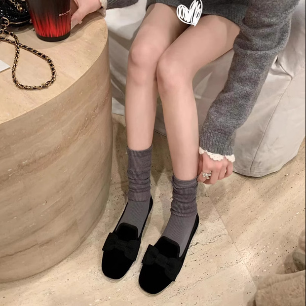 Ddmysports Grape Mom S Same Style Amin Family Wearing Velvet Bow Le Fu Women French Flat Single Shoes OUTDOOR