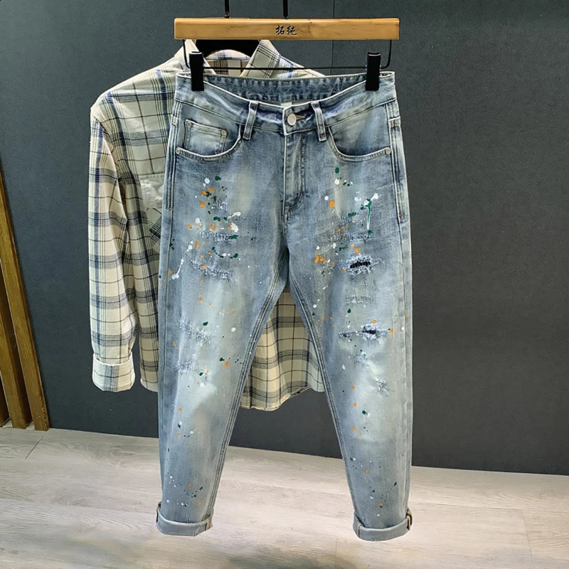 Streetwear Jeans Mens Spray Paint Personality Fashion Slim Elastic Youth Hip-hop Motorcycle Denim Trousers Male Trousers 240821