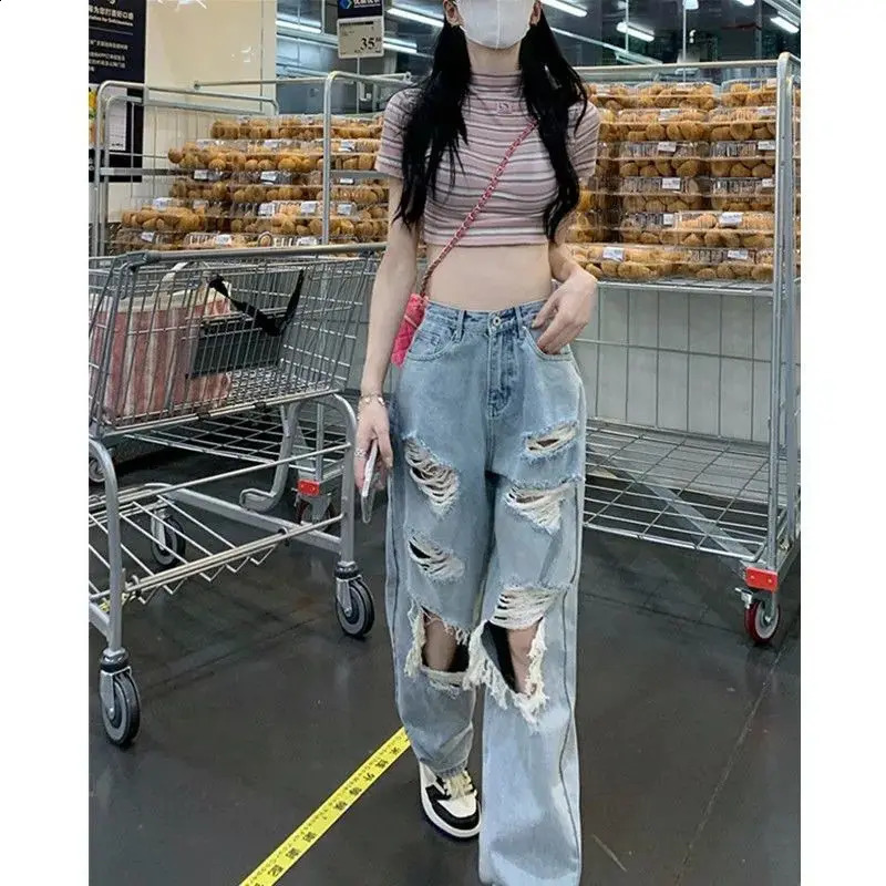 Large Washed Tattered Jeans Womens Spring and Summer High Waist Straight Tube Loose Beggar Wide Leg Pants Z260313