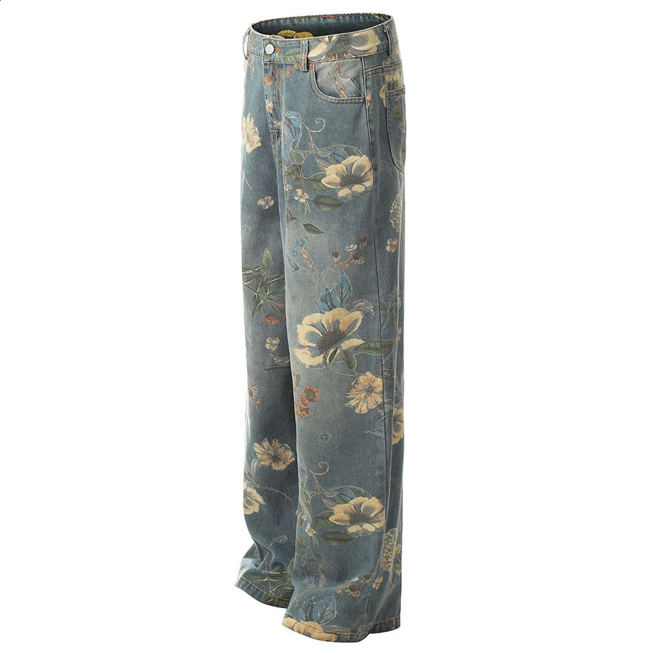 Flower Printed Baggy Jeans Vintage Blue Loose Straight Denim Pants Men Streetwear Harajuku Hip Hop Oversized Jeans Trousers 240821