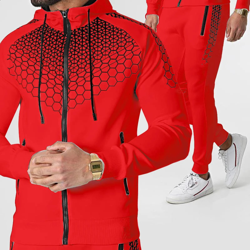 mens zipper jacket suit two-piece outdoor fitness running sports hooded jacket outdoor sports pants sportswear suit 240821