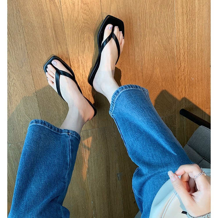 Ddmysports Su Yinyin S Nordic Style Tot E Square Head Genuine Leather Clip Toe Kitten And Herringbone Women Cool Mop OUTDOOR