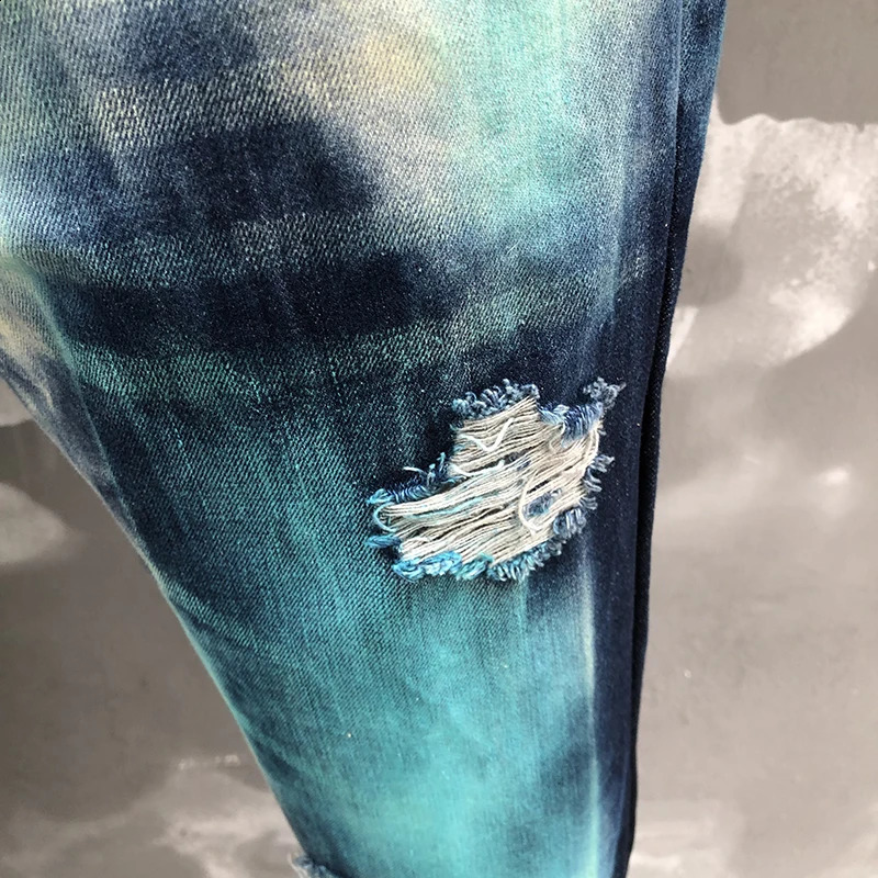 Skinny Broken Hole Painted Biker Jean Fashion Street Slim Fit Denim Motorcycle Pants Mens Jeans Men Punk Straight Jean 240821