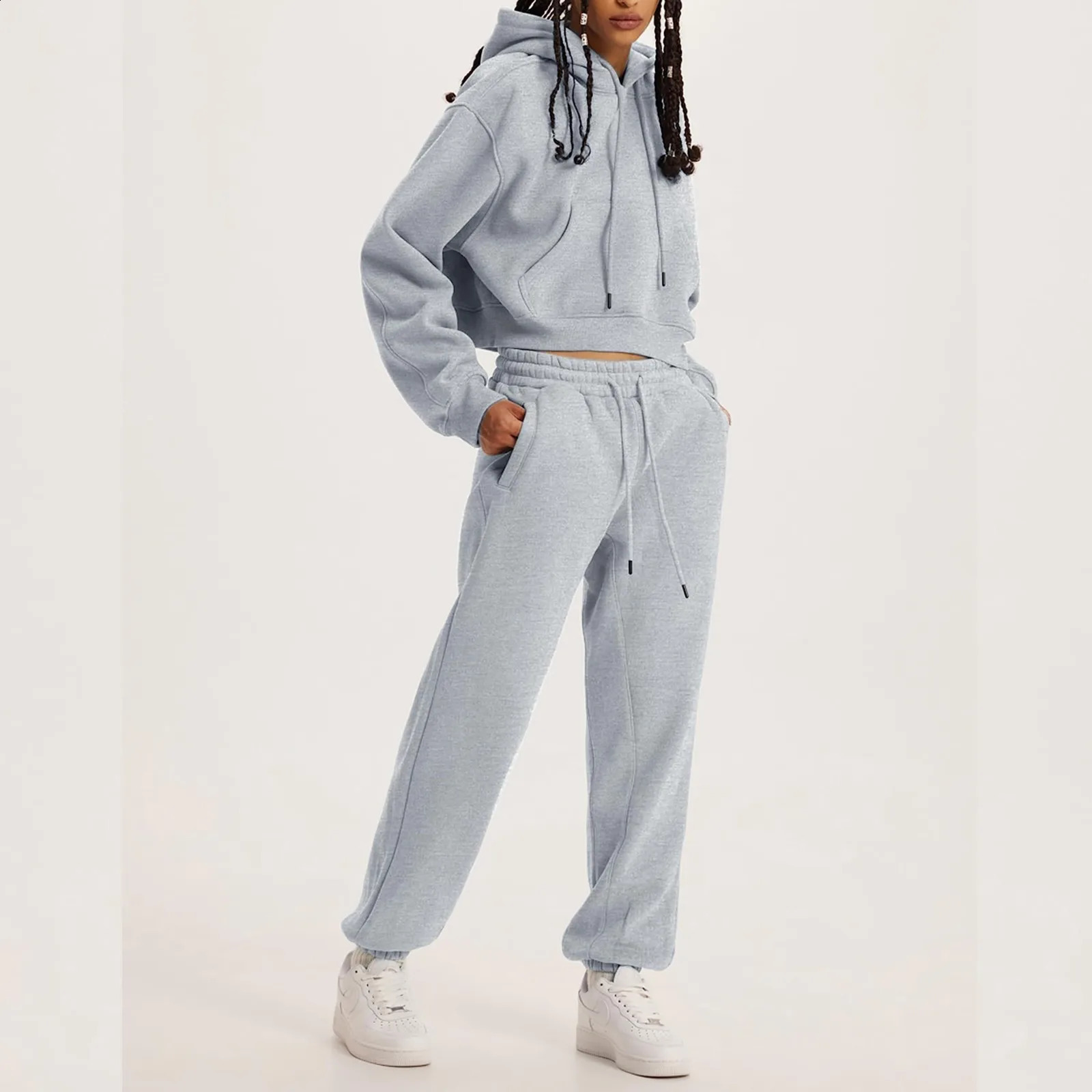 Casual hooded sweatshirt sports pants twopiece set track and field clothing womens zipper plus size 240821