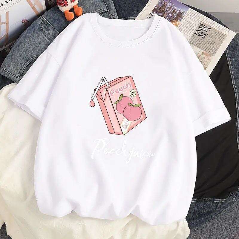 Strawberry 2023 Girl Short Sleeved T Shirt Summer Women 100% Cotton White Loose T-shirts Haruku Kawaii Female Tops Y2k Clothes -shirts ops
