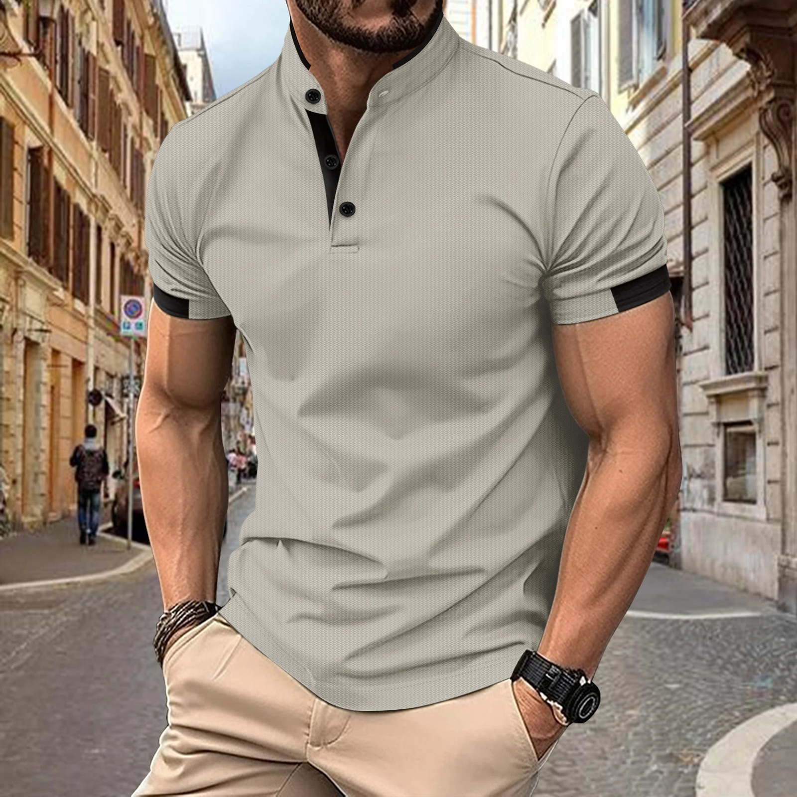 2024 Summer mens Henry Neck short-sleeved polo shirt Business casual button fashion breathable T-shirt 240821