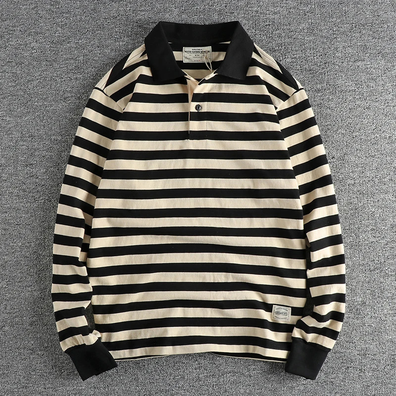 Autumn American Retro 250g Long Sleeve Laepl Sailor Striped Polo Shirt Mens Fashion 100% Cotton Washable Heavy duty Tshirt w240824