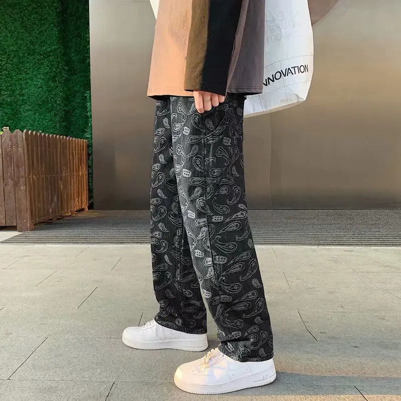 Cashew Bloem Zwarte Jeans Mannen Rechte Buis Losse Lente En Herfst Zomer Koreaanse Mode Mannen Baggy Denim broek pants 240821