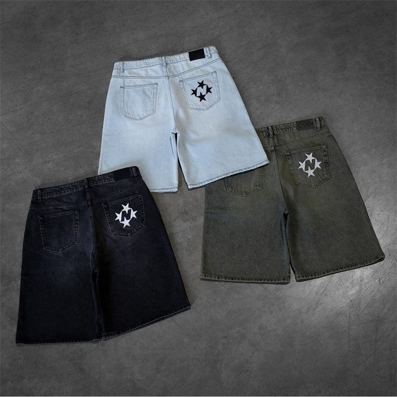Y2K American retro washed star denim shorts personalized hiphop summer street style straight casual allmatch loose pants y240820