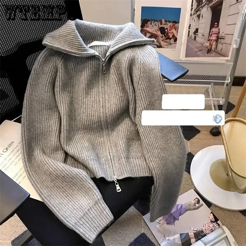 Dark Grey Knit Cardigan Double End Zipper Short Top Turndown Collar Coat Women Slim Warm Korean Fashion American Spring Fall 240820