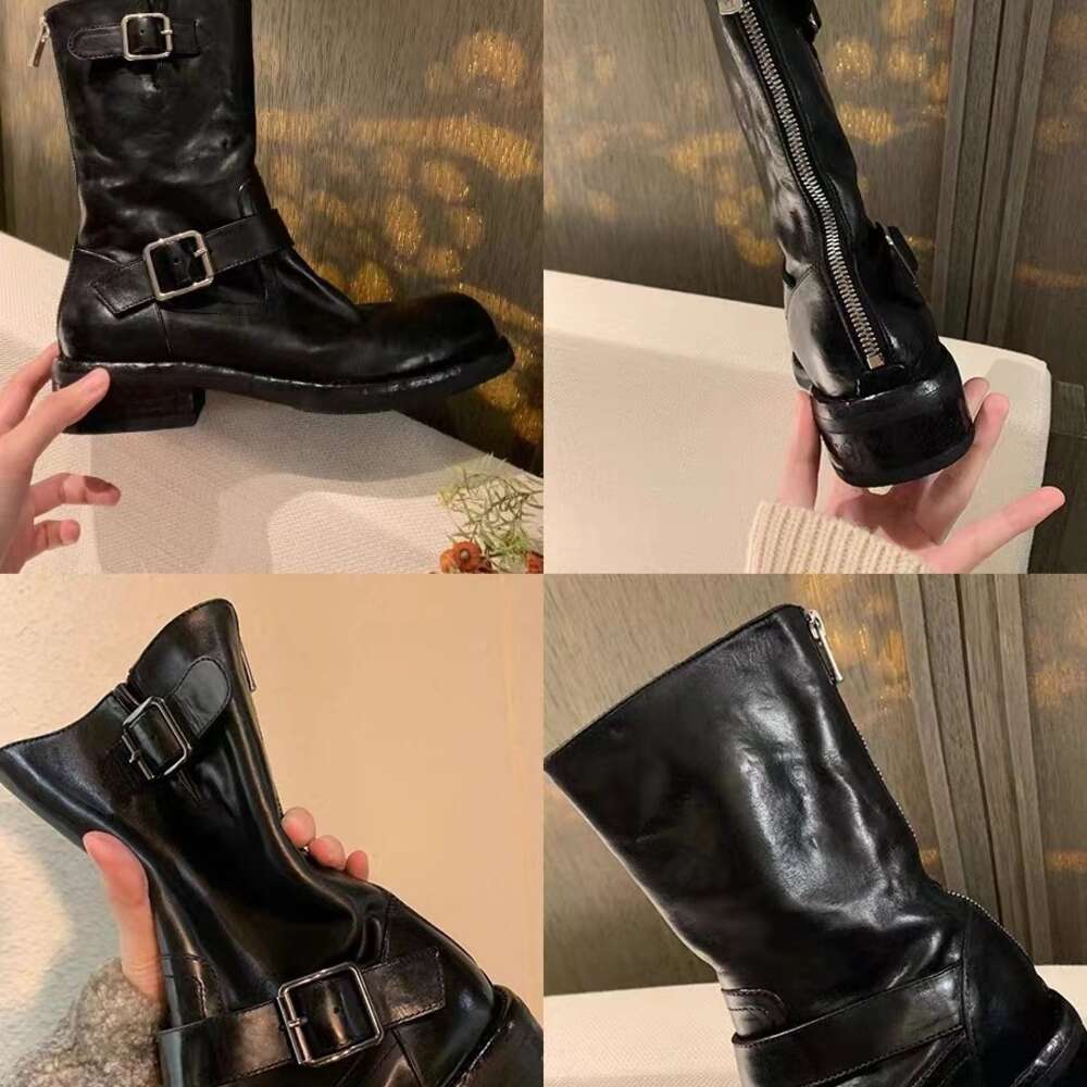 Ddmysports Grape Mom S Fashionable Buckle Design With Horseskin Round Head Small Thick Heel Height Increasing Straight Short Leg Boots For Women New S