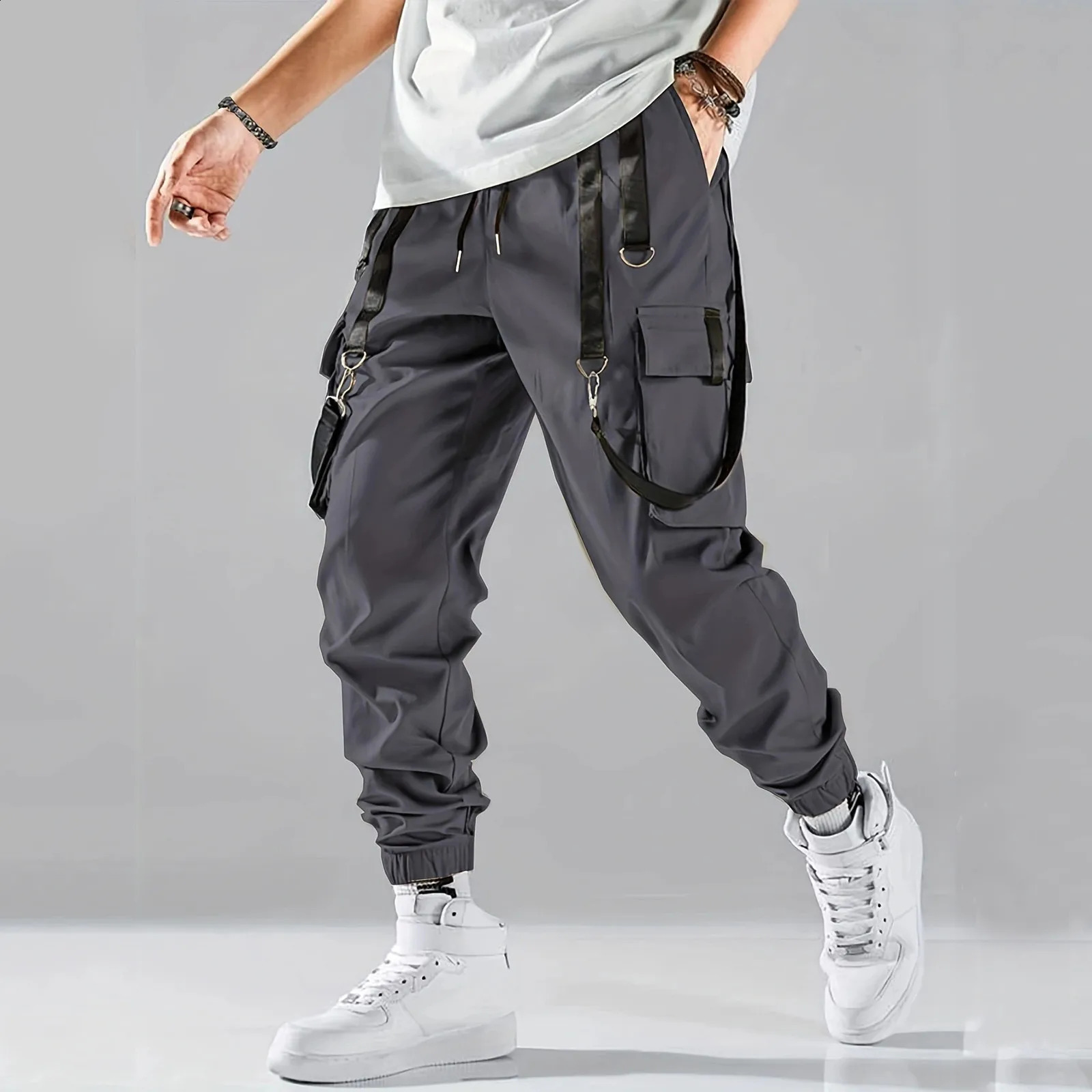 Mens Casual Stretch Pants 2024 Slim Fit Elastic Solid Color Fitness Trousers Multiple Pockets Y2k Street Pant Pantalones Hombre 240821