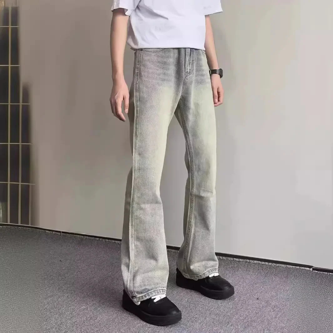 Vintage American Style Versatile Micro-flared Jeans Casual Distressed Zippered Trousers Trendy Streetwear For Men Women 240821