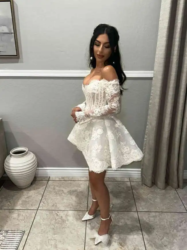 Classic Short Lace A-Line Wedding Dresses Long Sleeves Mini Length Bridal Weddings Recepetion Gowns Custom Made Plus Size Vestidos de Novia