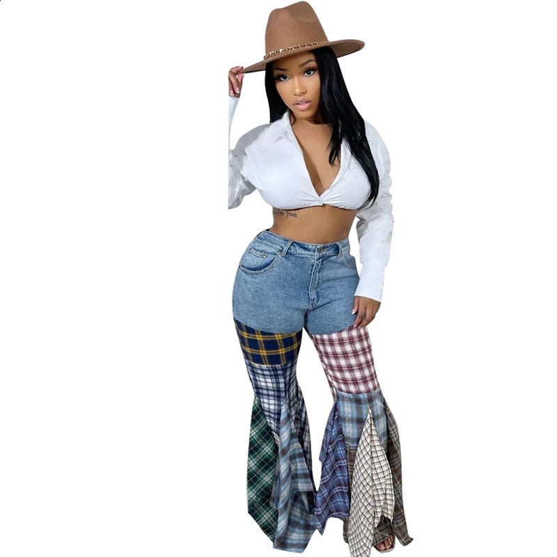 Patchwork Ruffle Flare Jeans Spring Women High Waist Plaid Printed Casual Street Jeans Trousers 240821