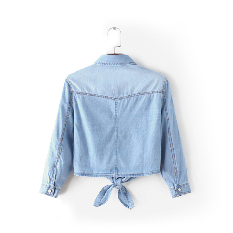Tie up knot, mid sleeve, small shawl denim shirt, Korean version, women's short jacket, thin