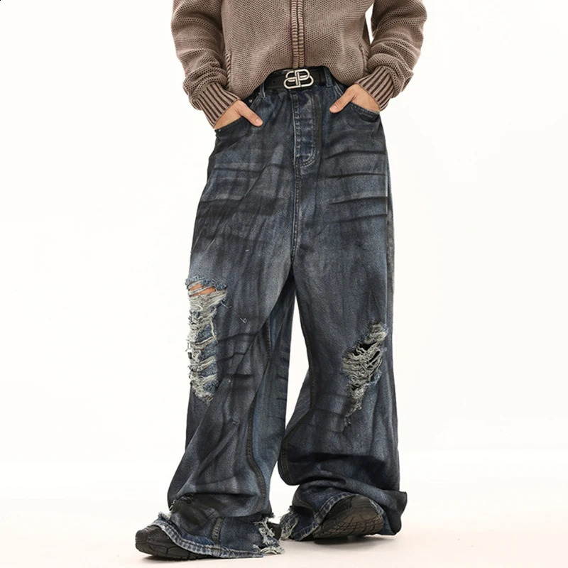 PFNW American Chic Niche n Street Jeans Men Vintage Dirty Dye Spray Painted Ripped Hole Loose Wide Leg Pants Autumn 28W4396 240821