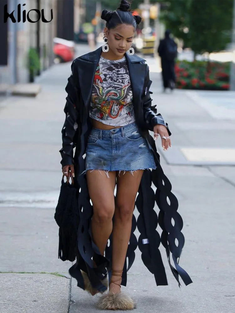 kliou Leather Hollow Out Jacket Autumn Full Sleeve Lapel Tassel Long Coats Solid AllMatched Unique Lady Trend Streetwear 240820
