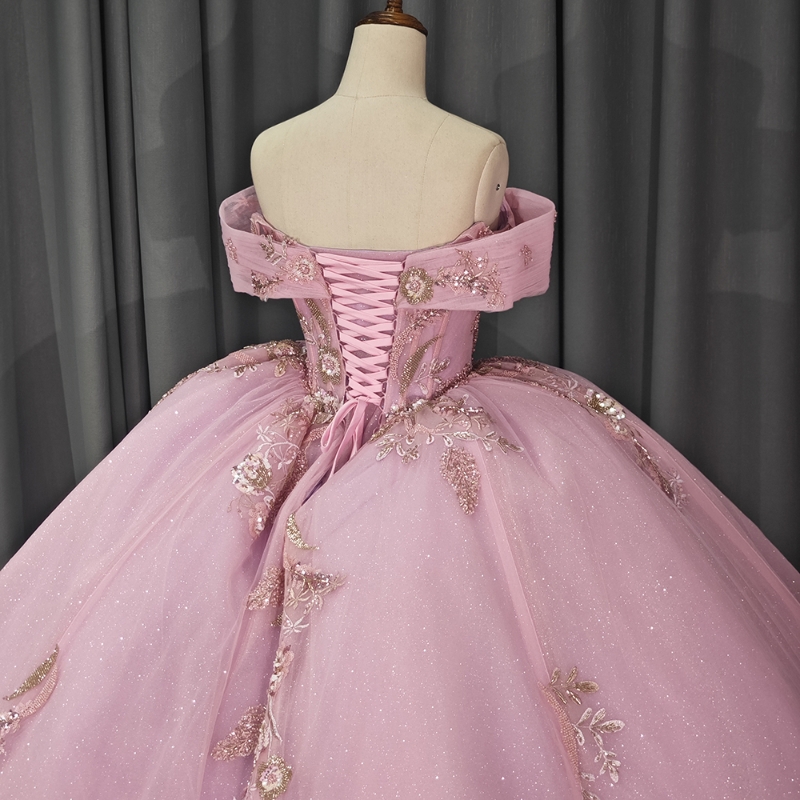 Pink Shiny Quinceanera Dresses Sweetheart Sequin Applique Lace Beads Tull Off the Shoulder Vestidos De 15 Anos Sweet 16 Dress