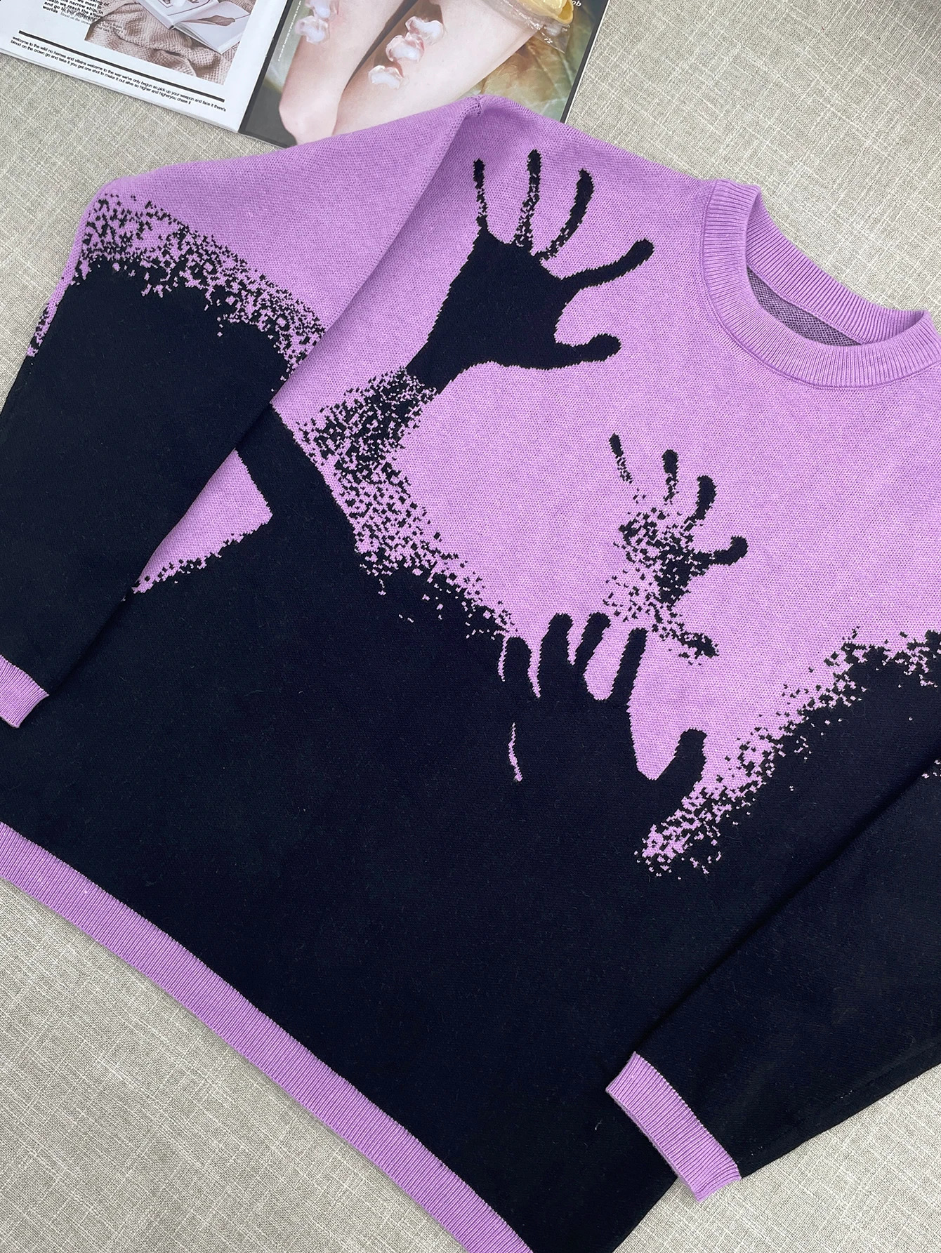 Purple Y2k Hip Hop Street Clothing Knitted Sweater Gothic Printed Pullover Winter Long Sleeve Womens Oversized 240821