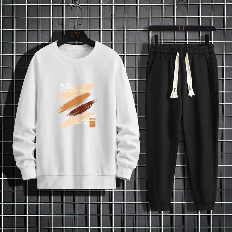 Spring/Summer Mens Casual Set American Round Neck Long Sleeve Loose Sweatshirt Two Piece Casual Sweatpants Set 240827
