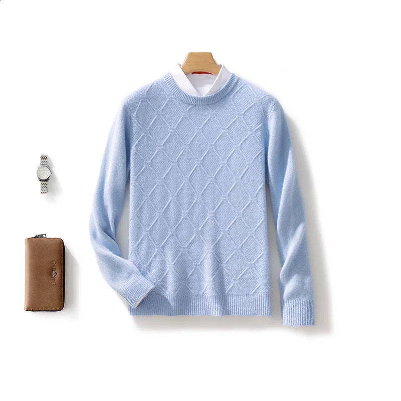 Mens O-neck Diamond Grid Pullover 100% Pure Cashmere Wool Soft Sweater Autumn Winter Casual Thick Basis Large Size Top 240821