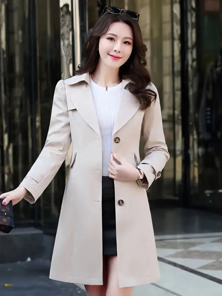 Spring Autumn Khaki Windbreaker MidLong Trench Coat Women Singlebreasted Slim Female Outwear Fashion 240820