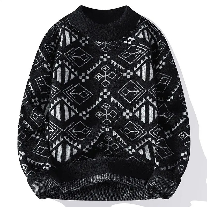 Mens Autumn Winter Korean Slim Trendy Sweater Round Neck Standard Bottom Printed Long Sleeved Pullover Casual Knitted Tops 240821