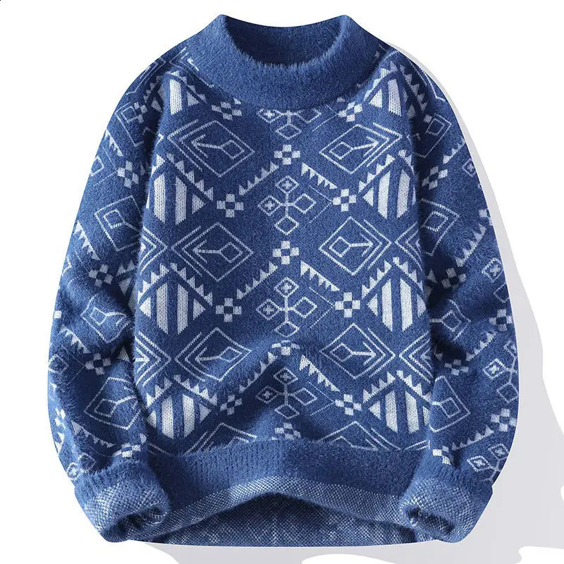 Mens Autumn Winter Korean Slim Trendy Sweater Round Neck Standard Bottom Printed Long Sleeved Pullover Casual Knitted Tops 240821
