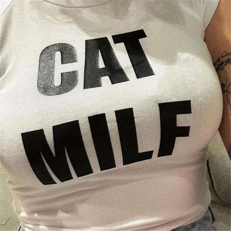 Gothic E-girl Grunge Crop Tops Women Kawaii CAT MILF letter Print Short Sleeve t-shirt Summer Women's clohtes streetwear Emo 's