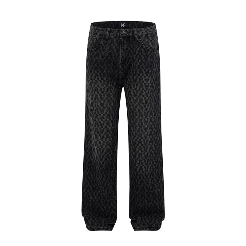 Pattern Printed Wide Leg Casual Jeans For Men Straight Leg Retro Pants Males Bottoms 240821