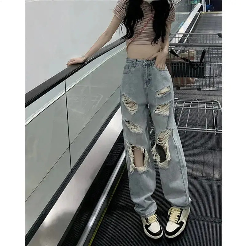 Large Washed Tattered Jeans Womens Spring and Summer High Waist Straight Tube Loose Beggar Wide Leg Pants Z260313