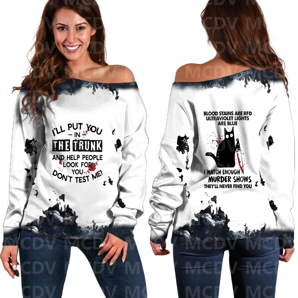 Womens off shoulder sweater Halloween cat 3D printed womens casual long sleeved 240821