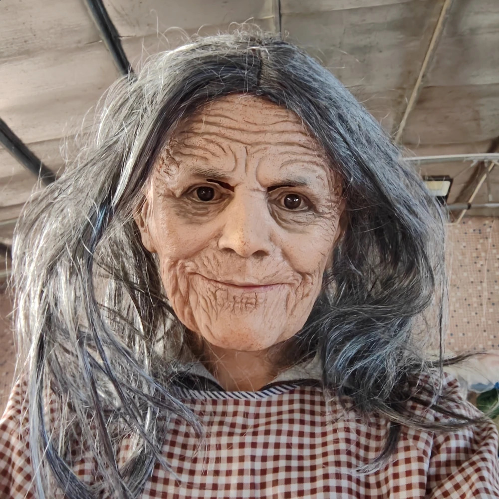 Halloween White-haired Old Lady Latex Mask Movable Jaw Rave Party Horror Granny Witch Mask Lifelike Granny Cosplay Costume Props 240830