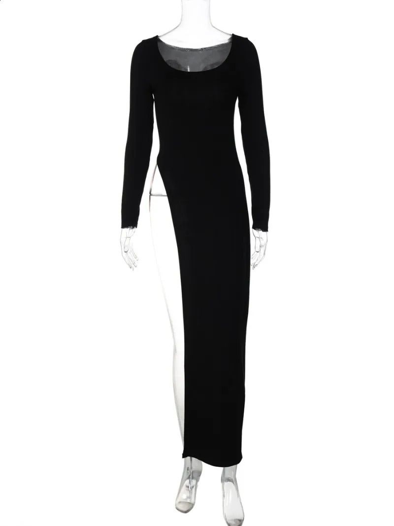 Woman Clothing Long Sleeve High Slit Black T-shirt Dress Y2K Streetwear 2024 Fall Ladies High Waist Slim Irregular Long Dresses 240821